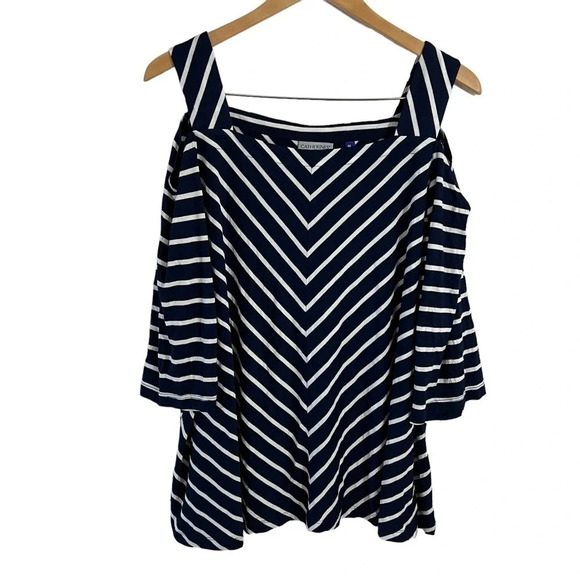 Catherines Blouse 2XW Petites Navy Blue White Stripes Cold Shoulder Stretch Plus - Picture 1 of 8